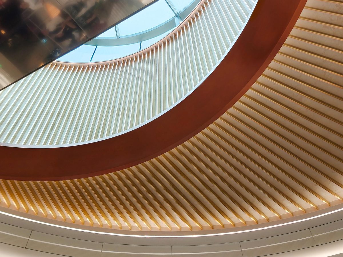 The curved timber and glass ceiling of a modern building interior